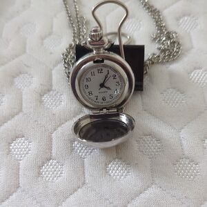 Silver Quartz Pocket Watch Necklace